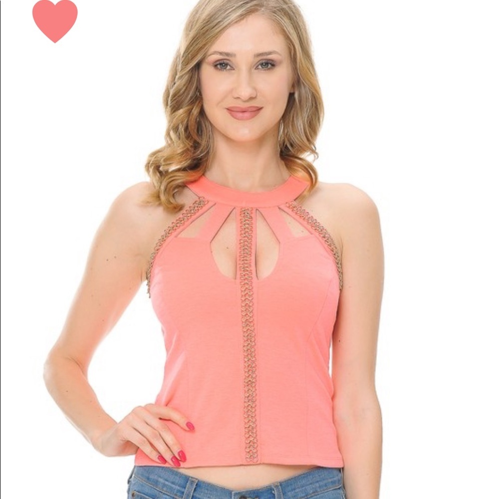 Beautiful Peach Coral Gold Accent Sleeveless Top